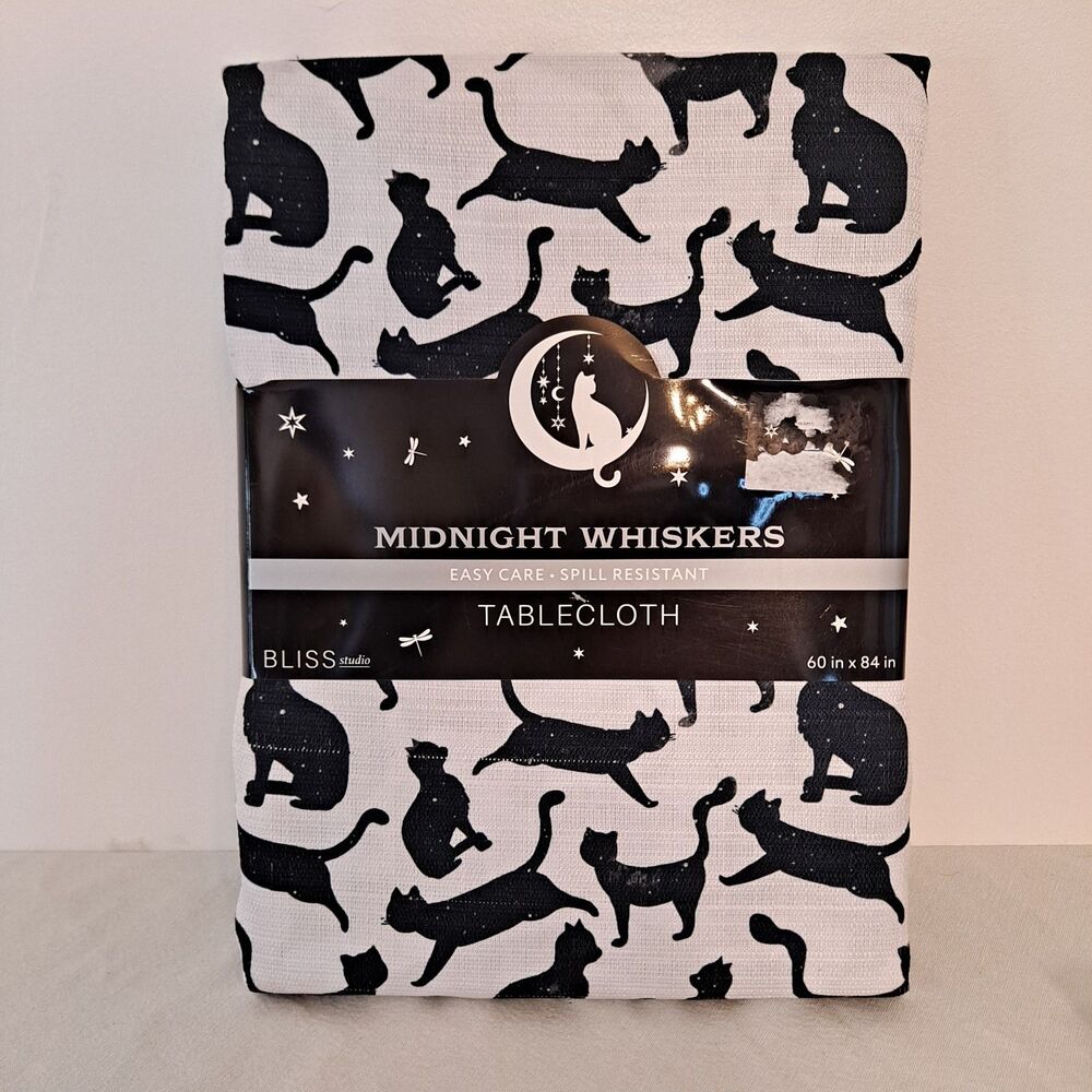 Bliss Studio Midnight Whiskers Halloween Tablecloth 60" X 84" White/Black Cats